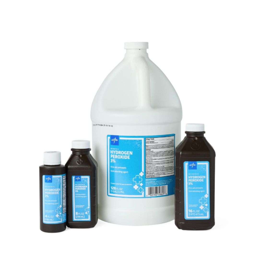 Four bottles of Medline Hydrogen Peroxide 3%—one large white gallon jug and three smaller brown bottles—are shown on a white background with product specifications.